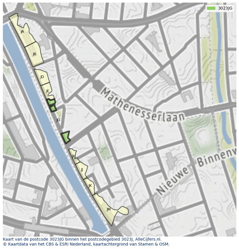 Afbeelding van het postcodegebied 3023 JG op de kaart.
