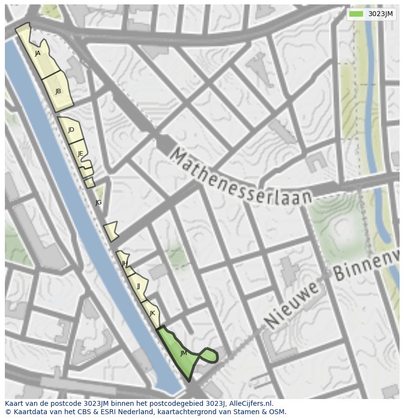 Afbeelding van het postcodegebied 3023 JM op de kaart.