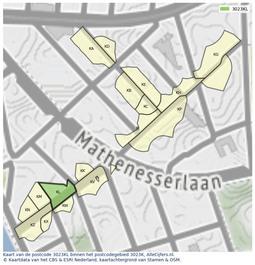 Afbeelding van het postcodegebied 3023 KL op de kaart.