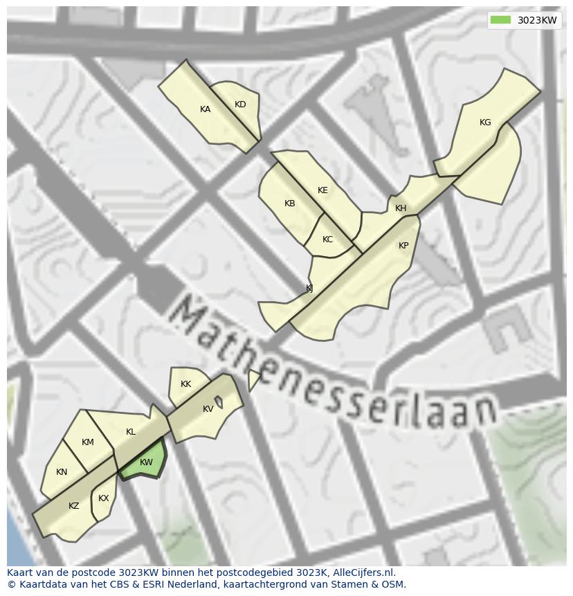 Afbeelding van het postcodegebied 3023 KW op de kaart.