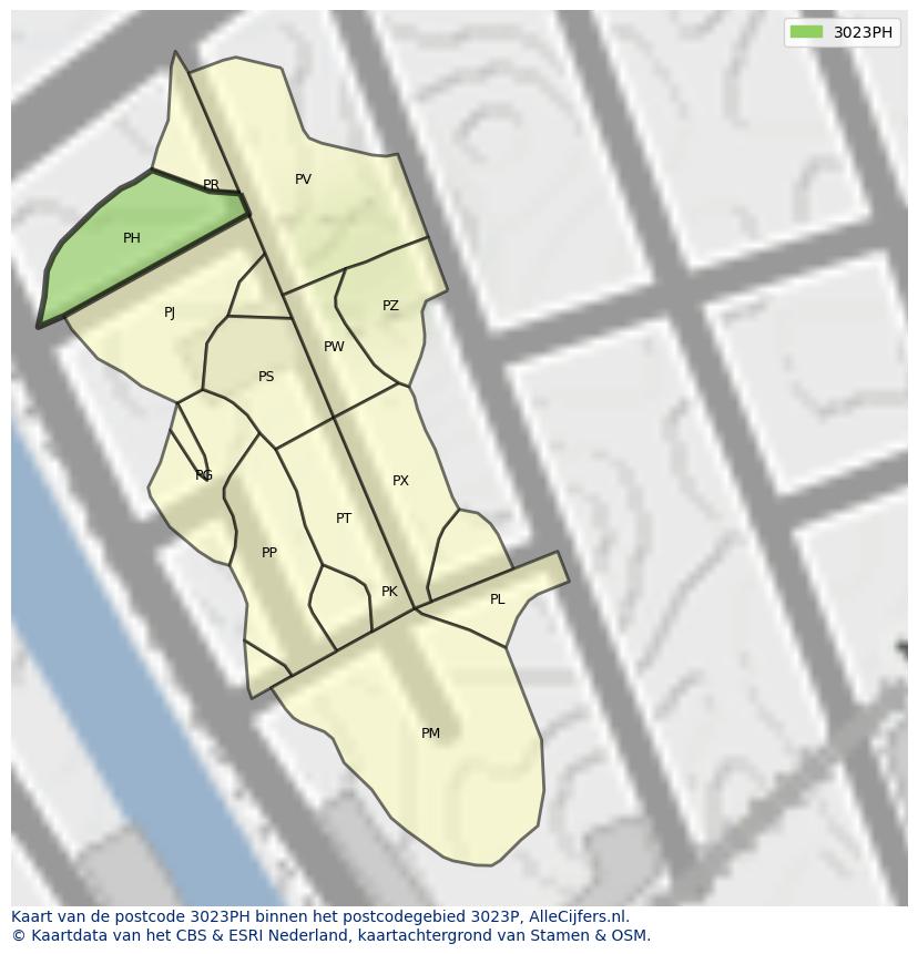 Afbeelding van het postcodegebied 3023 PH op de kaart.