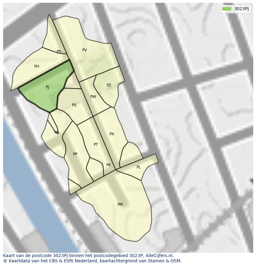 Afbeelding van het postcodegebied 3023 PJ op de kaart.