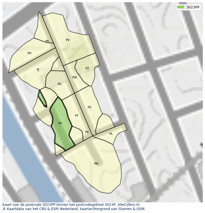 Afbeelding van het postcodegebied 3023 PP op de kaart.
