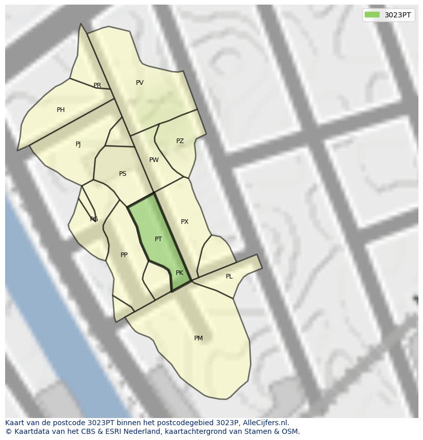 Afbeelding van het postcodegebied 3023 PT op de kaart.