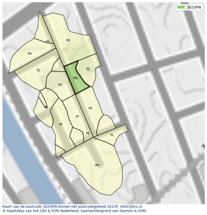 Afbeelding van het postcodegebied 3023 PW op de kaart.