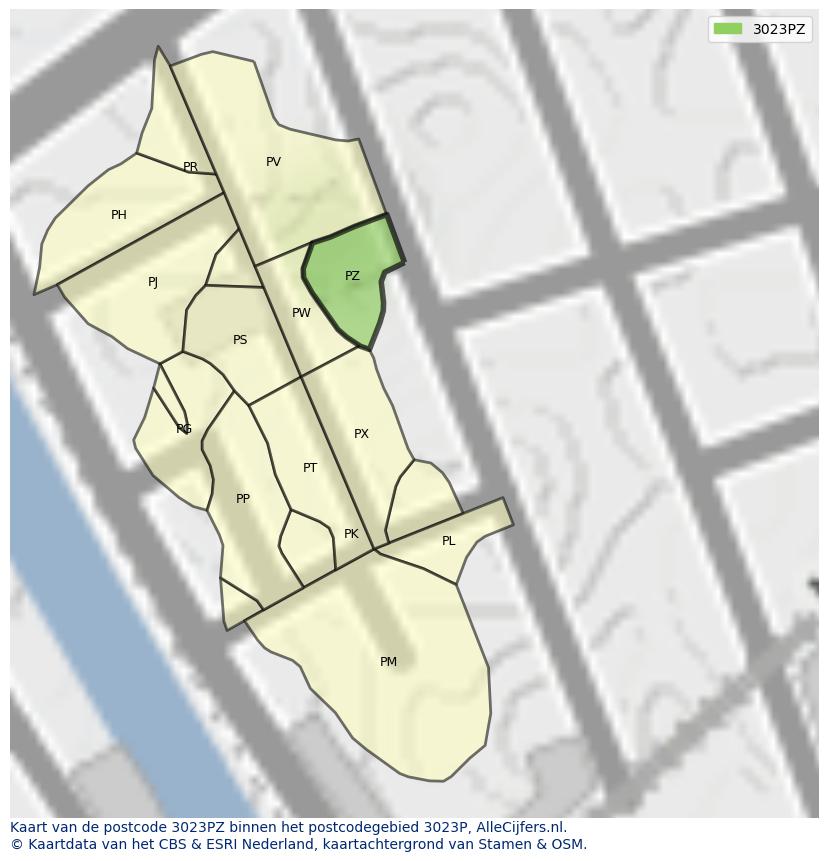 Afbeelding van het postcodegebied 3023 PZ op de kaart.
