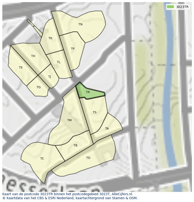 Afbeelding van het postcodegebied 3023 TR op de kaart.