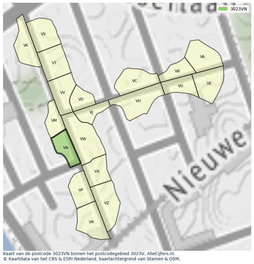 Afbeelding van het postcodegebied 3023 VN op de kaart.