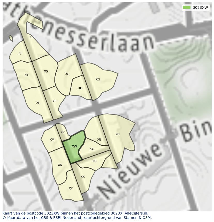 Afbeelding van het postcodegebied 3023 XW op de kaart.