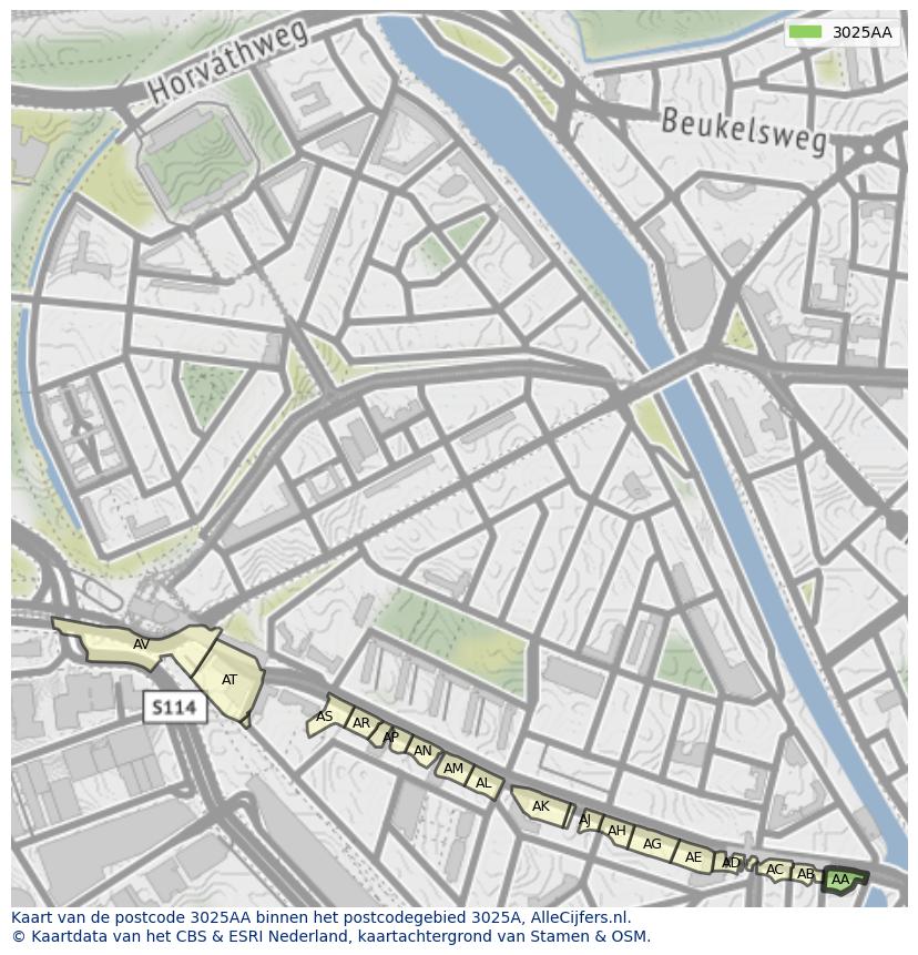 Afbeelding van het postcodegebied 3025 AA op de kaart.