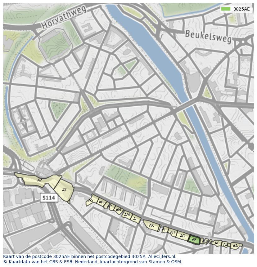 Afbeelding van het postcodegebied 3025 AE op de kaart.