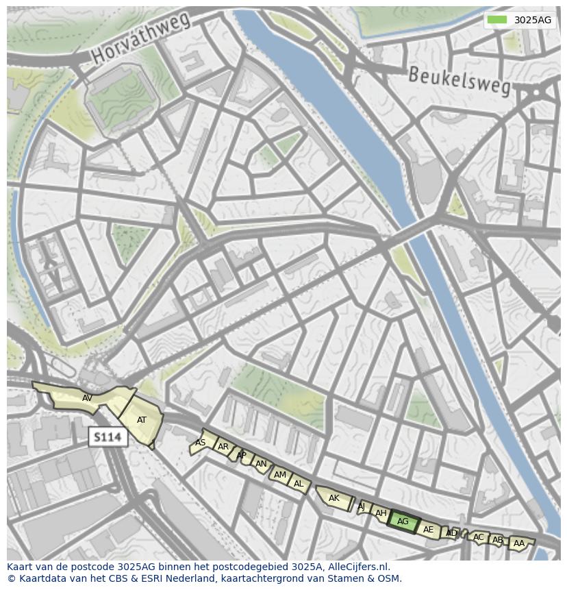 Afbeelding van het postcodegebied 3025 AG op de kaart.