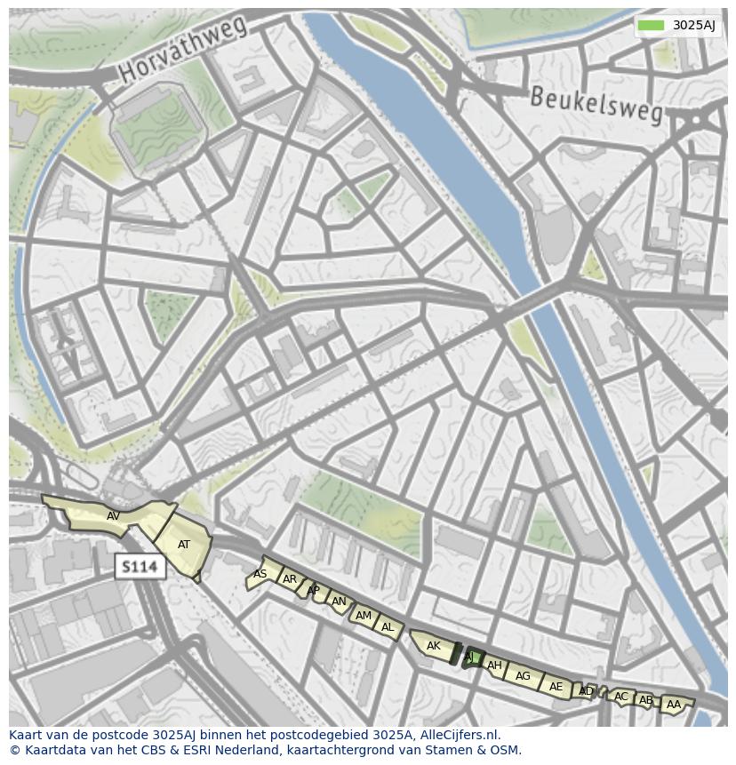 Afbeelding van het postcodegebied 3025 AJ op de kaart.