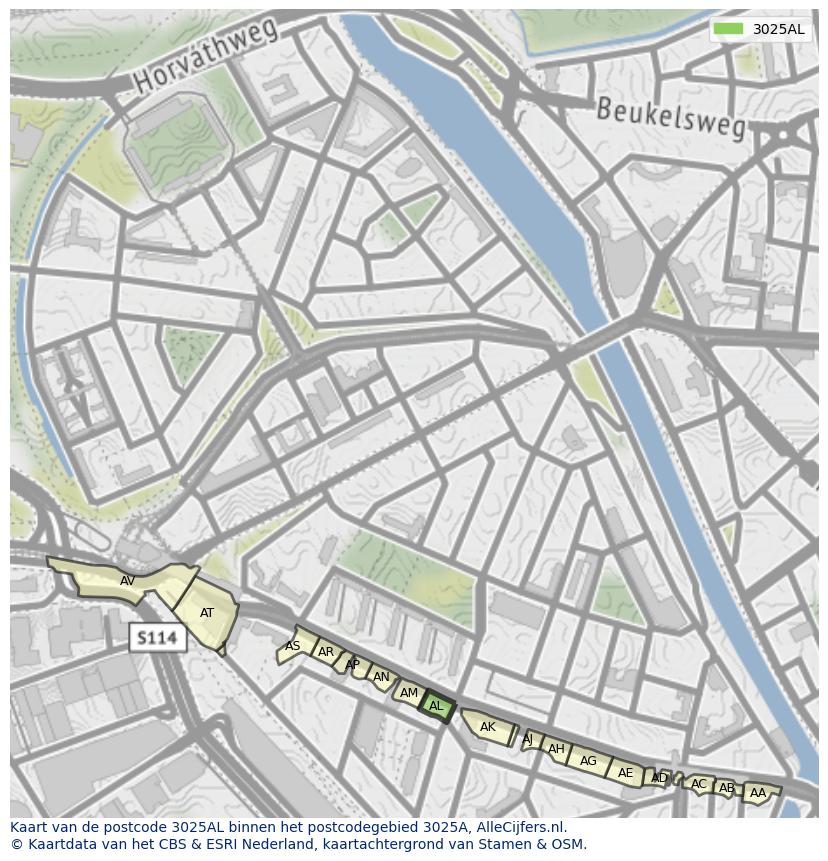 Afbeelding van het postcodegebied 3025 AL op de kaart.