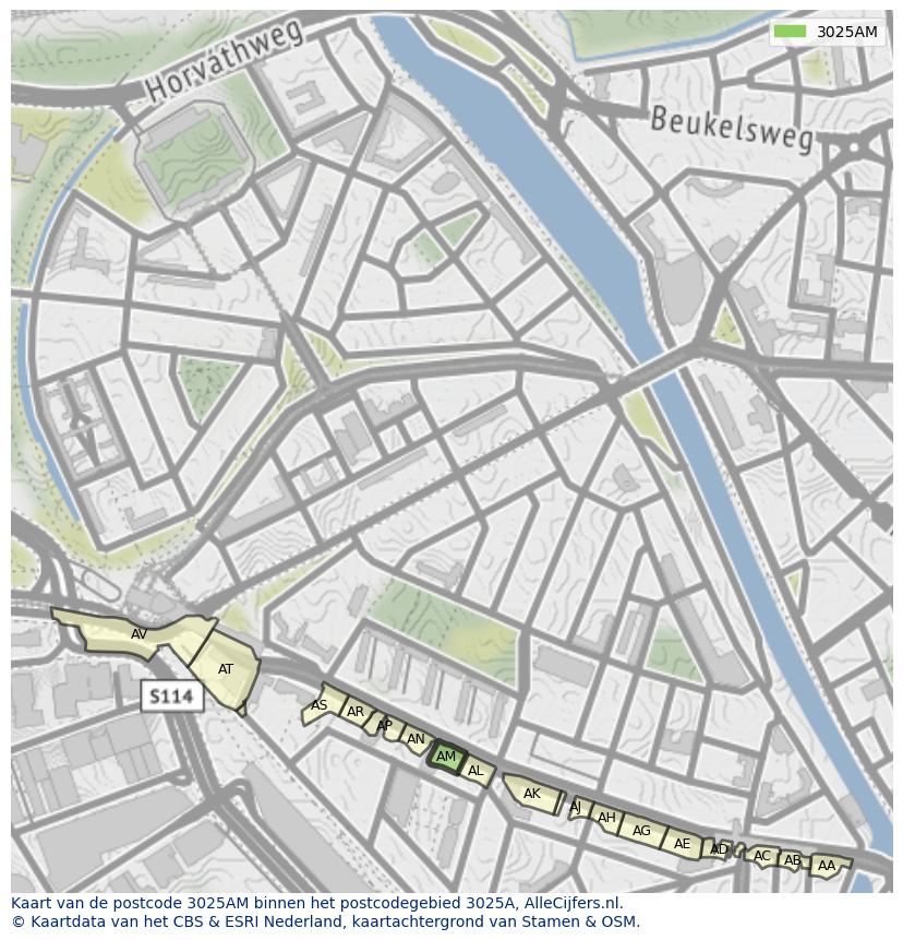 Afbeelding van het postcodegebied 3025 AM op de kaart.