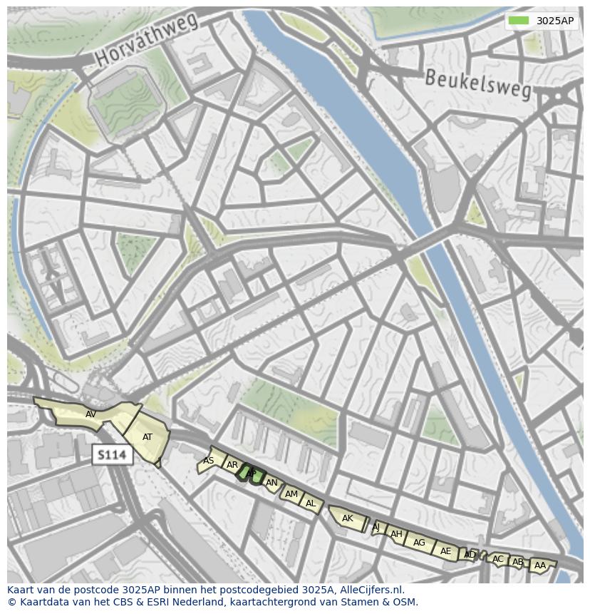 Afbeelding van het postcodegebied 3025 AP op de kaart.