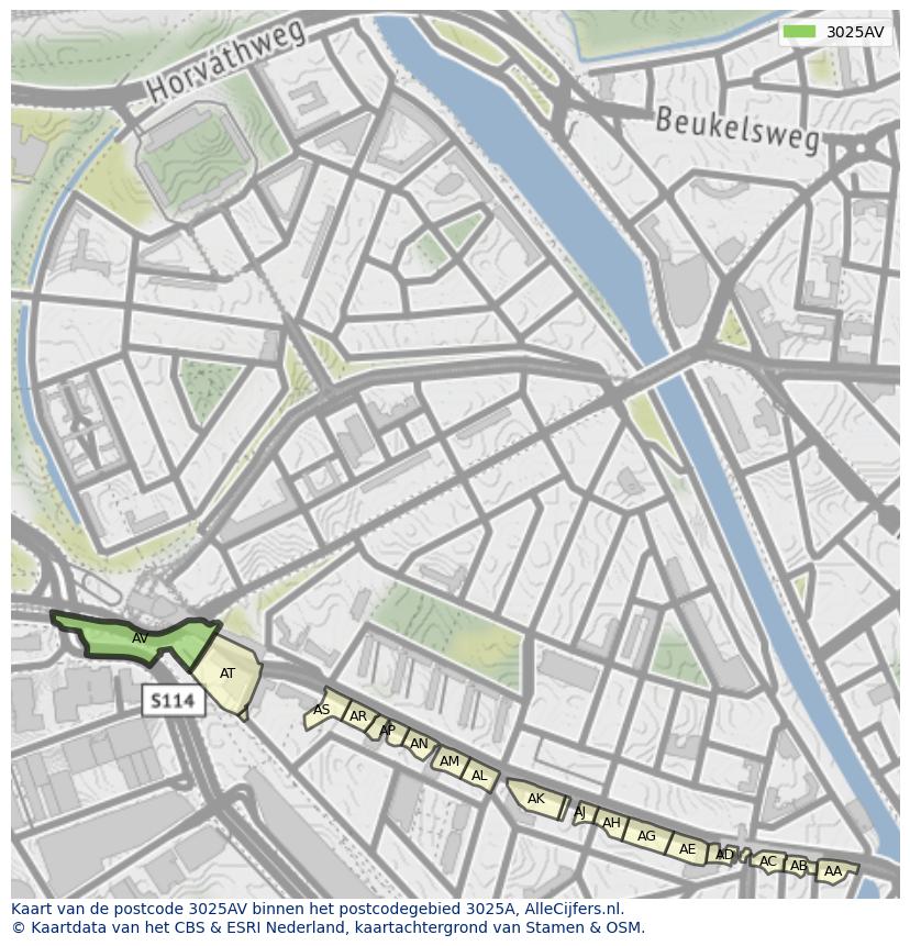 Afbeelding van het postcodegebied 3025 AV op de kaart.