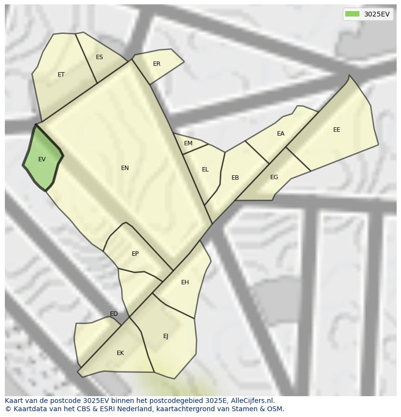 Afbeelding van het postcodegebied 3025 EV op de kaart.