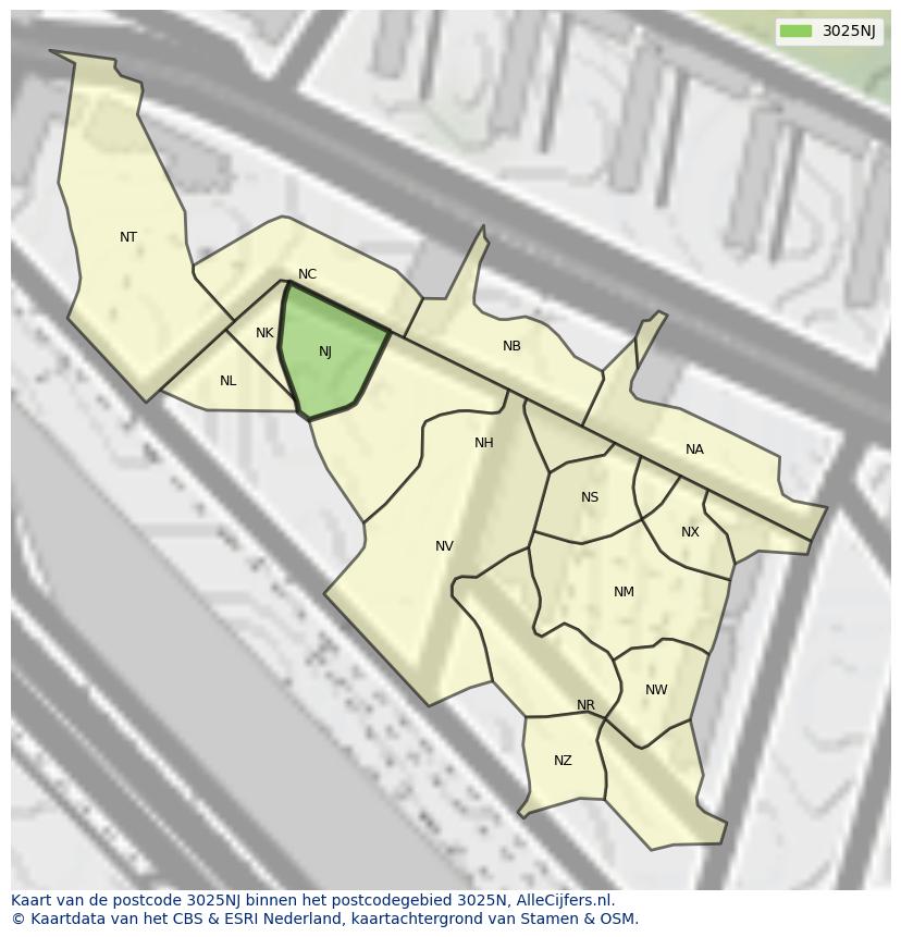 Afbeelding van het postcodegebied 3025 NJ op de kaart.