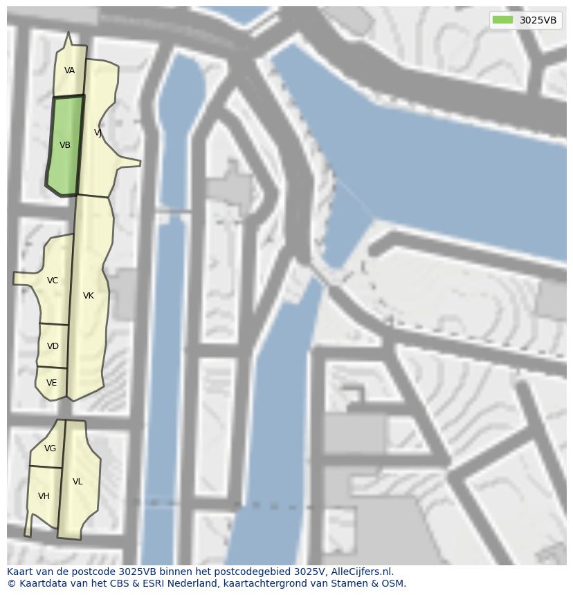 Afbeelding van het postcodegebied 3025 VB op de kaart.