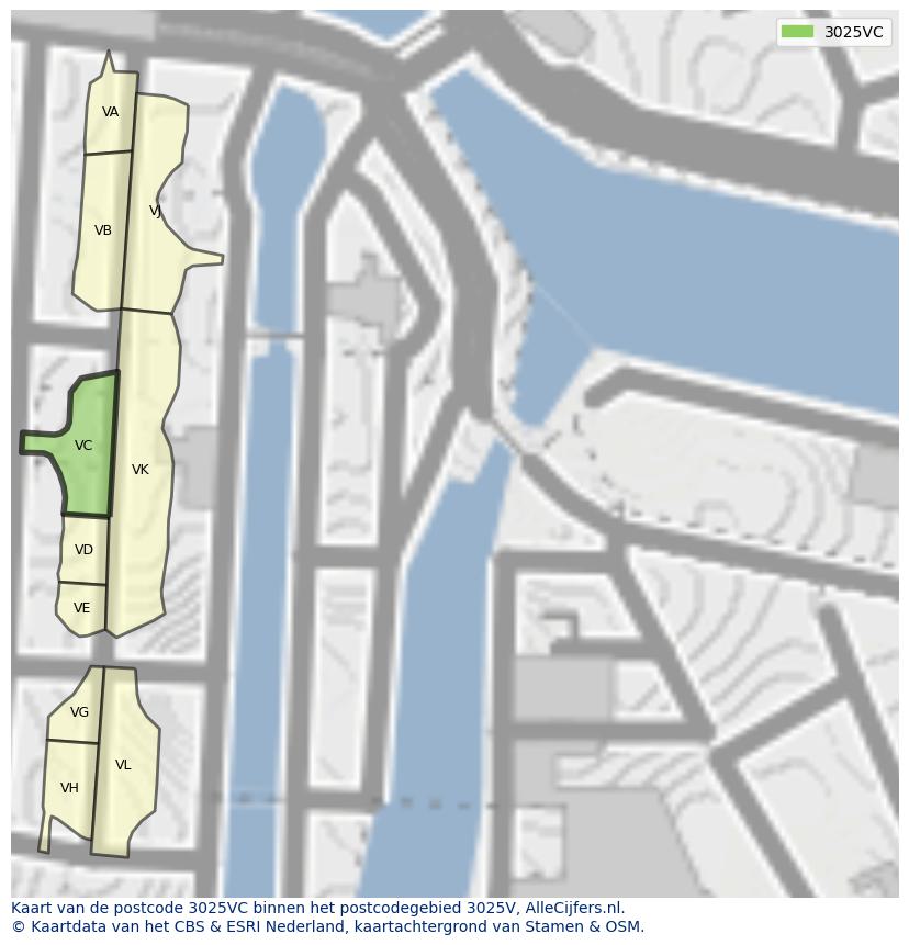Afbeelding van het postcodegebied 3025 VC op de kaart.