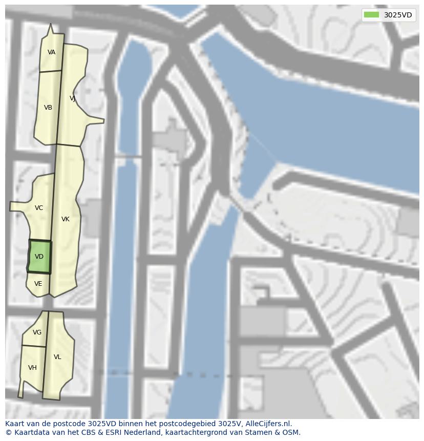 Afbeelding van het postcodegebied 3025 VD op de kaart.