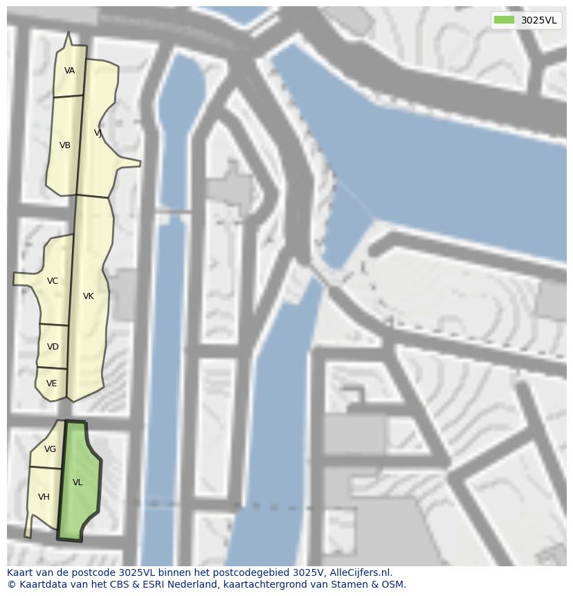 Afbeelding van het postcodegebied 3025 VL op de kaart.