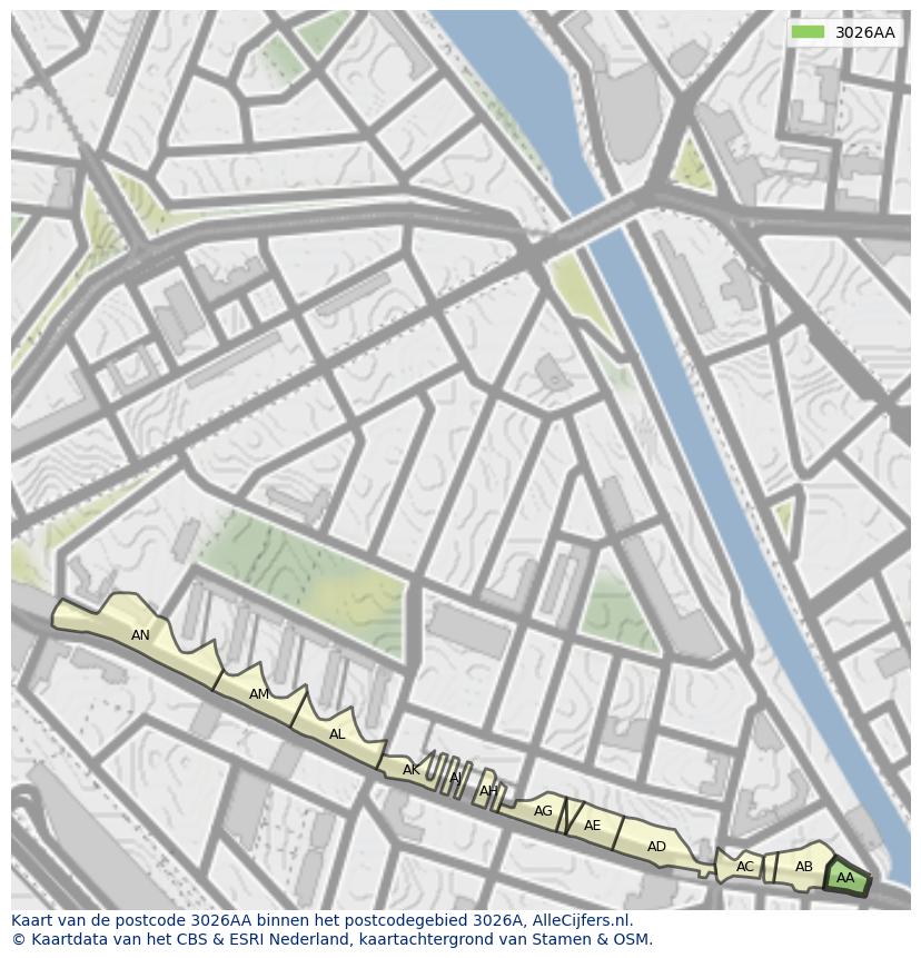 Afbeelding van het postcodegebied 3026 AA op de kaart.