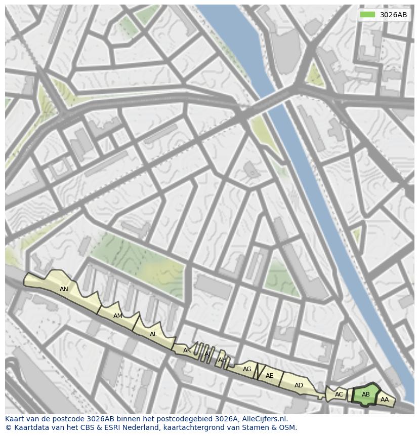 Afbeelding van het postcodegebied 3026 AB op de kaart.