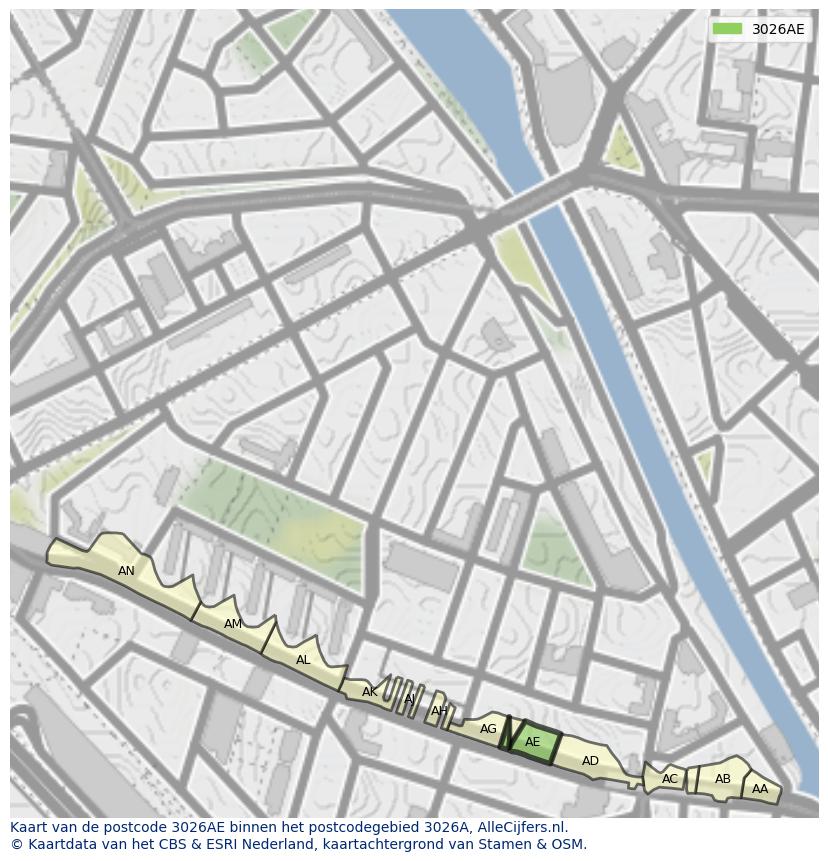 Afbeelding van het postcodegebied 3026 AE op de kaart.