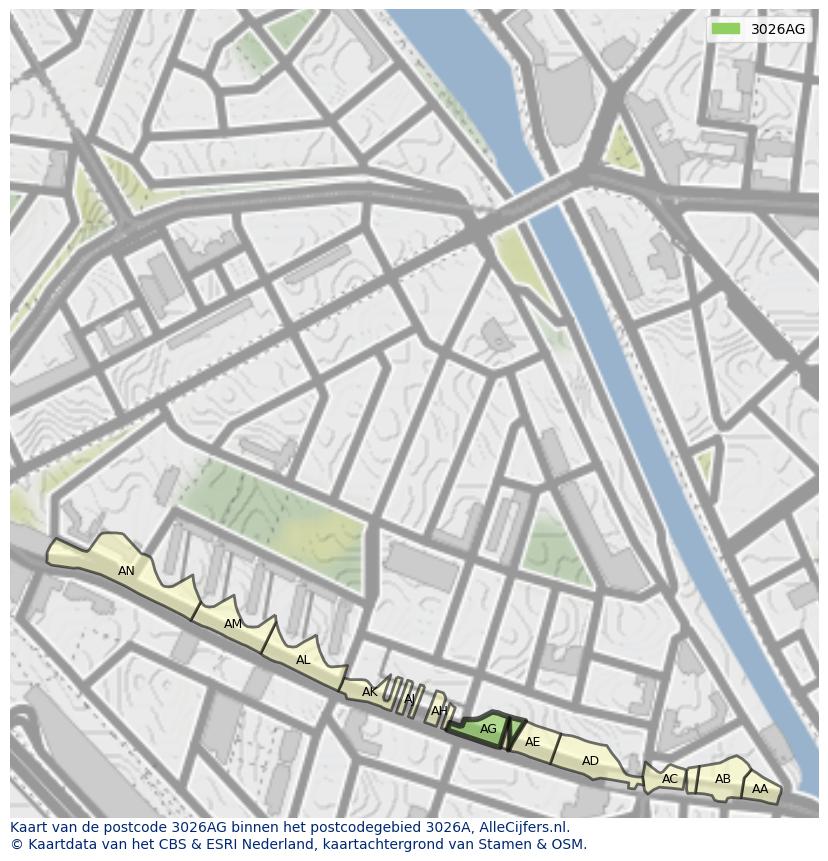 Afbeelding van het postcodegebied 3026 AG op de kaart.