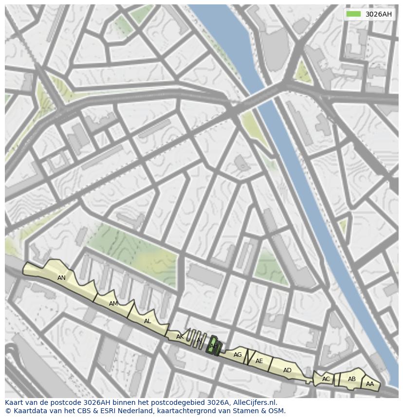 Afbeelding van het postcodegebied 3026 AH op de kaart.