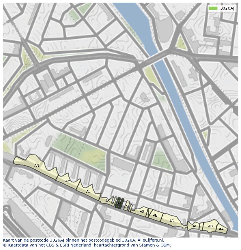 Afbeelding van het postcodegebied 3026 AJ op de kaart.