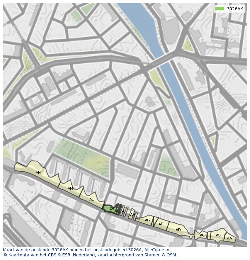 Afbeelding van het postcodegebied 3026 AK op de kaart.