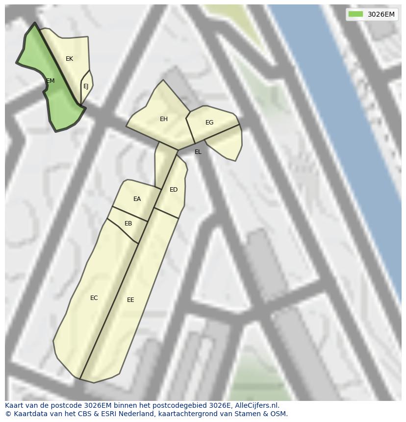 Afbeelding van het postcodegebied 3026 EM op de kaart.