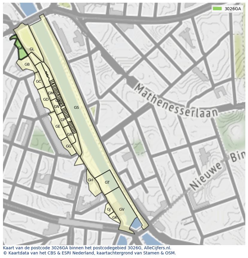 Afbeelding van het postcodegebied 3026 GA op de kaart.