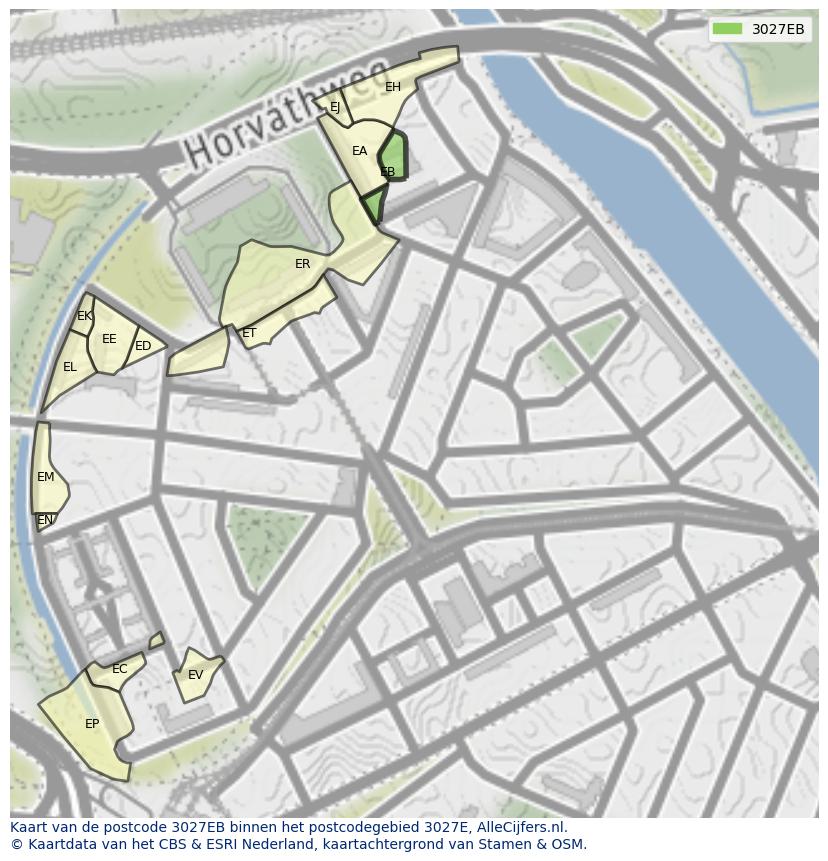 Afbeelding van het postcodegebied 3027 EB op de kaart.