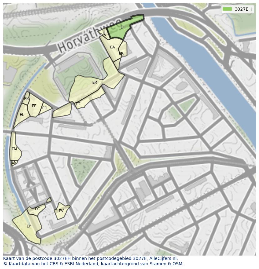 Afbeelding van het postcodegebied 3027 EH op de kaart.