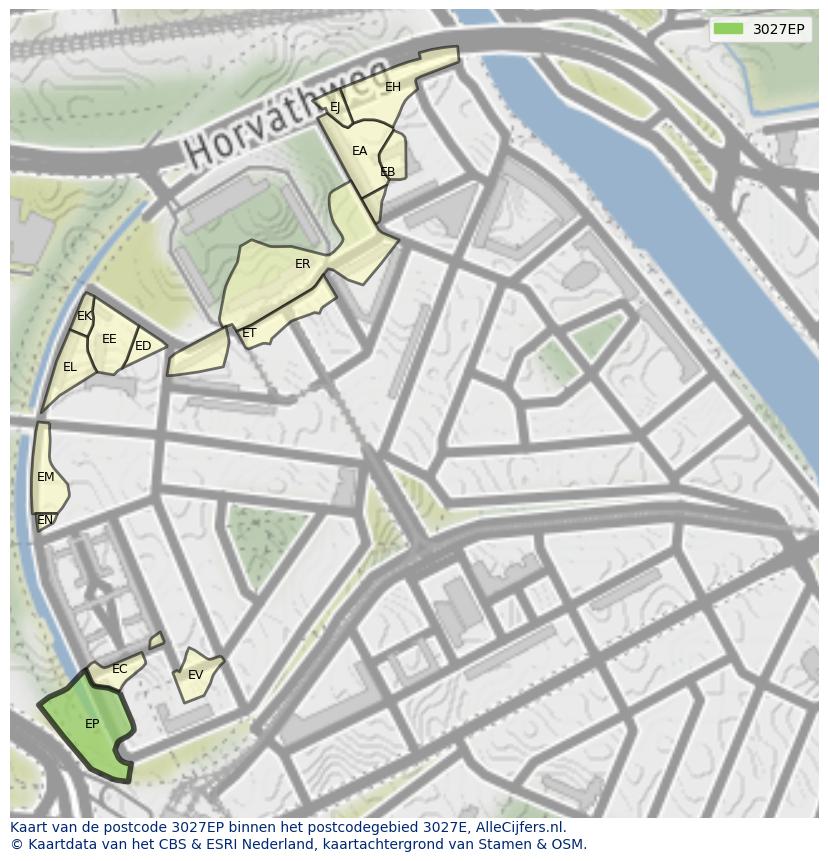Afbeelding van het postcodegebied 3027 EP op de kaart.