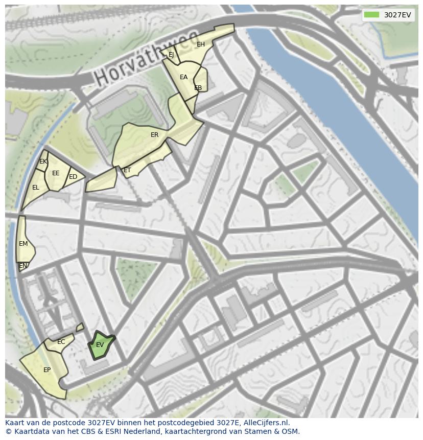 Afbeelding van het postcodegebied 3027 EV op de kaart.