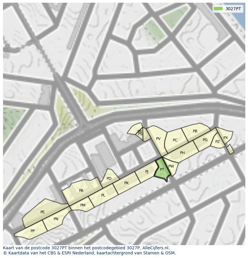 Afbeelding van het postcodegebied 3027 PT op de kaart.
