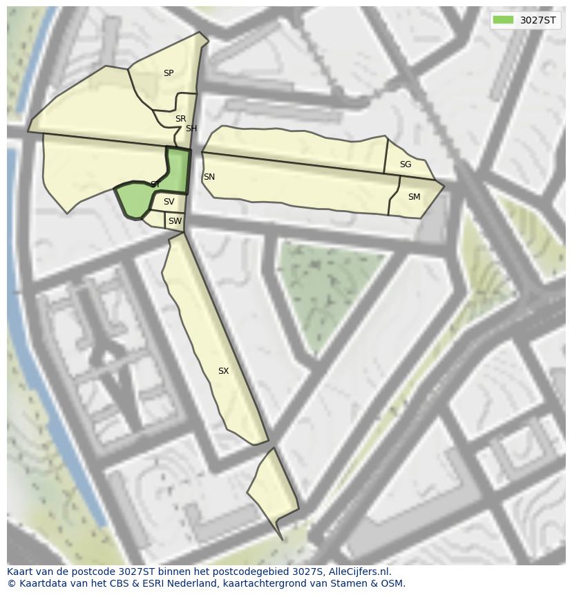 Afbeelding van het postcodegebied 3027 ST op de kaart.