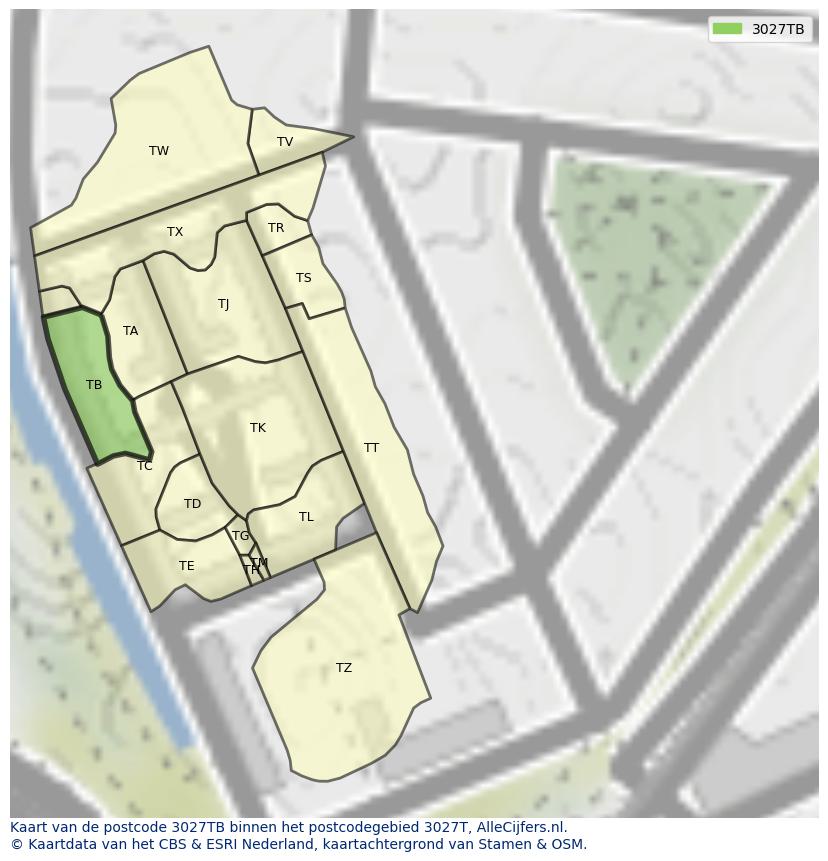 Afbeelding van het postcodegebied 3027 TB op de kaart.
