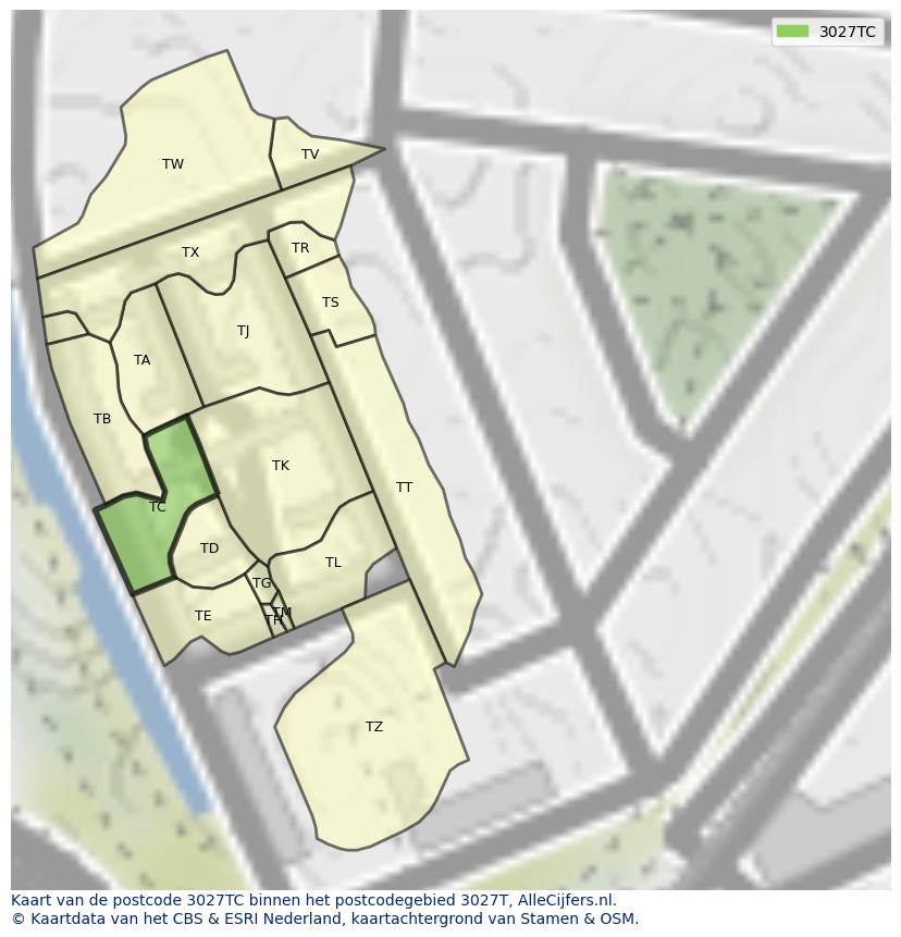 Afbeelding van het postcodegebied 3027 TC op de kaart.