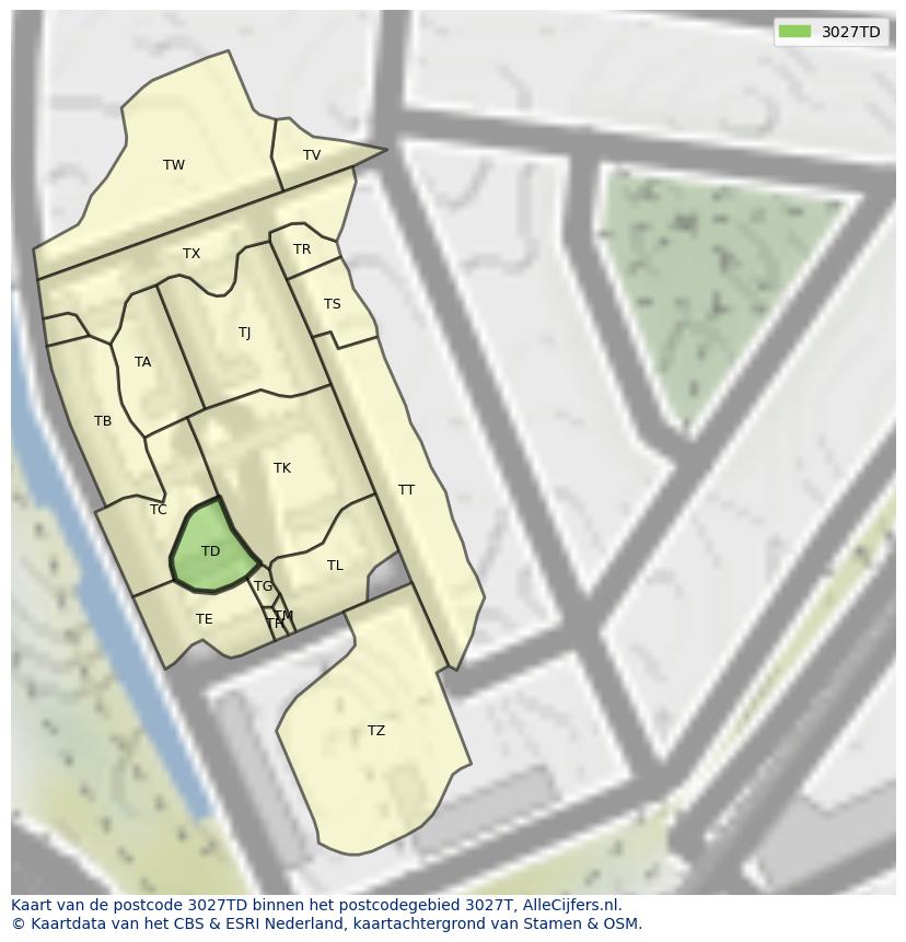Afbeelding van het postcodegebied 3027 TD op de kaart.