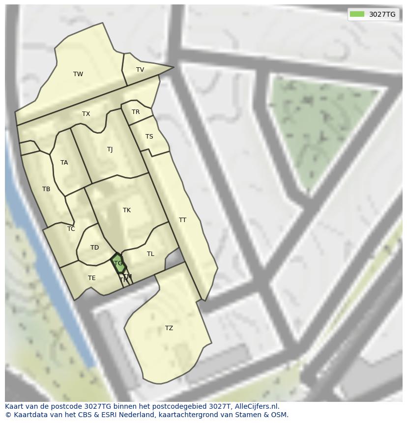 Afbeelding van het postcodegebied 3027 TG op de kaart.