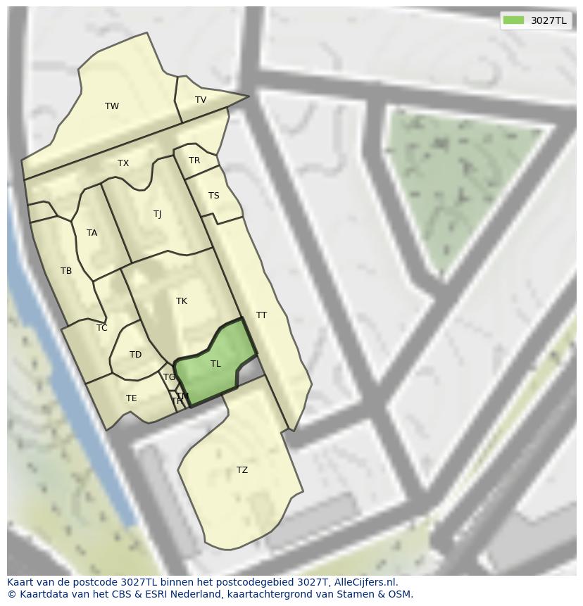 Afbeelding van het postcodegebied 3027 TL op de kaart.