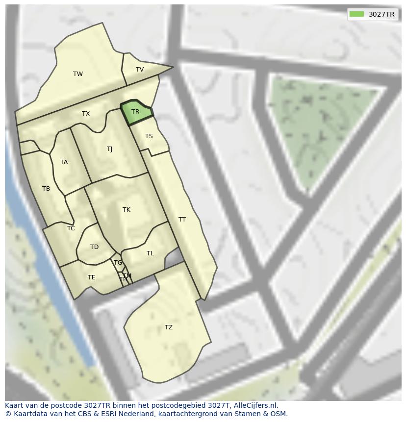 Afbeelding van het postcodegebied 3027 TR op de kaart.