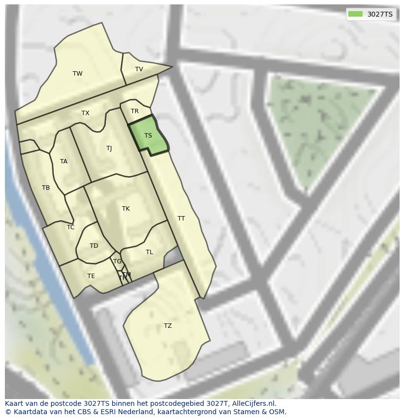 Afbeelding van het postcodegebied 3027 TS op de kaart.