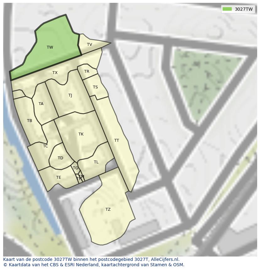 Afbeelding van het postcodegebied 3027 TW op de kaart.